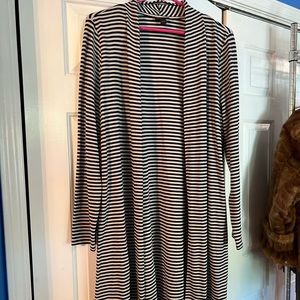 J Jill Wearever long gray black stripe jacket duster tunic sweater L